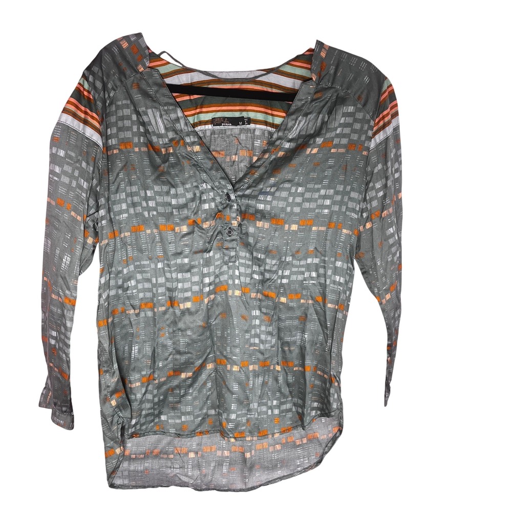 Prana Womens Medium Green Geo Striped V-Neck High-Low Tunic Blouse Top Gorpcore